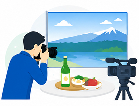 返礼品を撮影するカメラマンのイラスト
